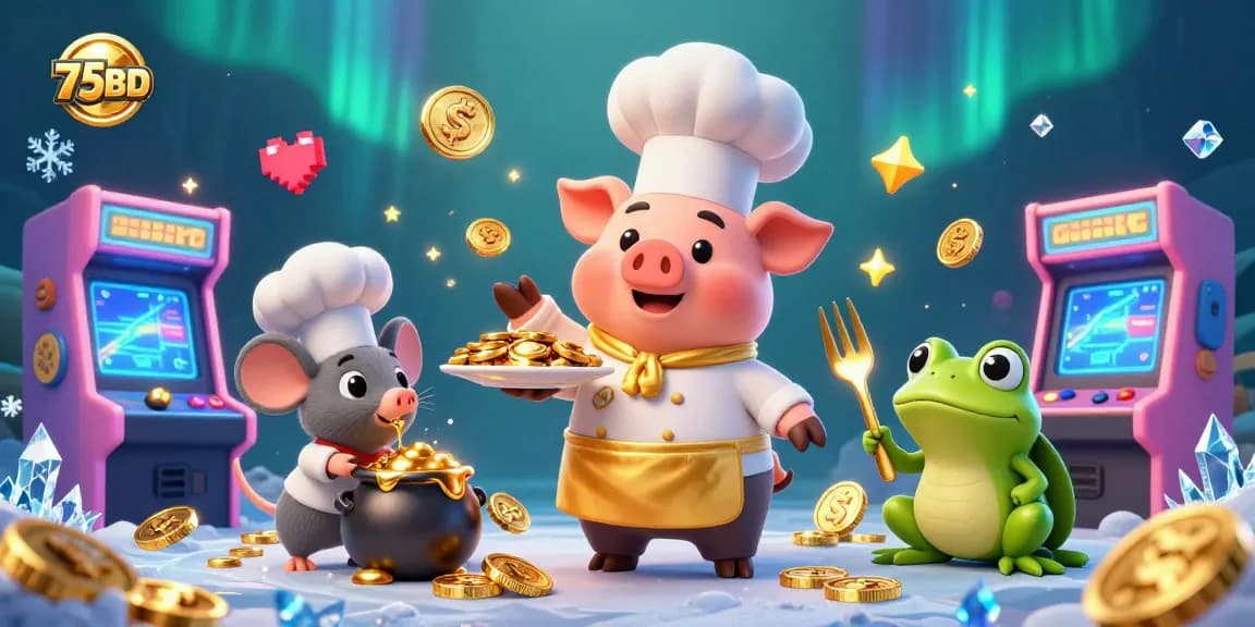 Experience thrilling casino action at 75BD with an enchanting 3D illustration of a gourmet gold coin feast.