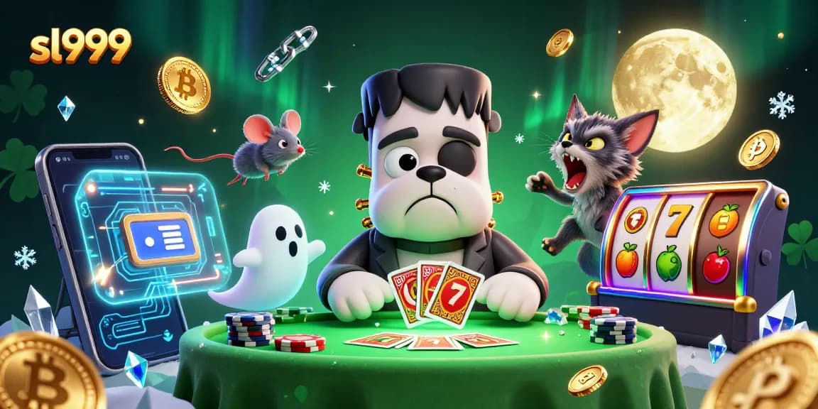 Sl999, a divertida mesa de cassino com um bulldog Frankenstein e um gato lobo, jogando cartas.