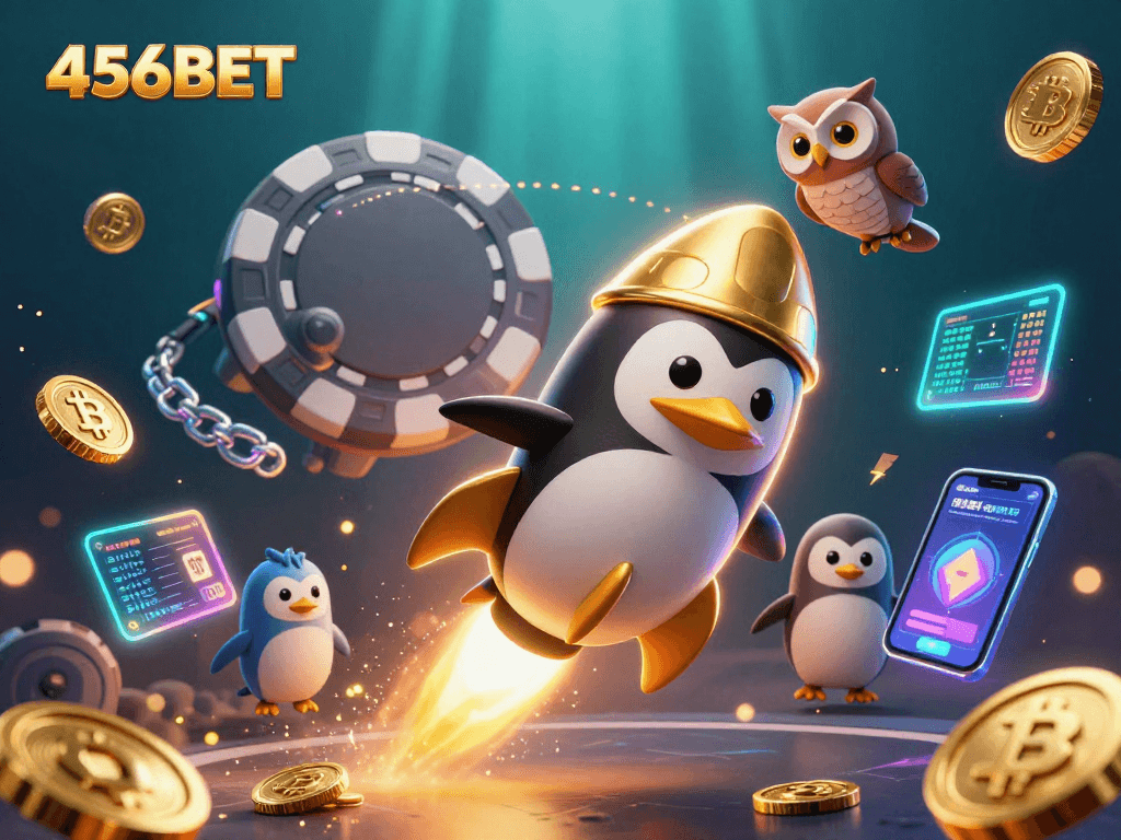 Experience the thrill of 456BET with a golden penguin and casino-themed cosmic adventure.