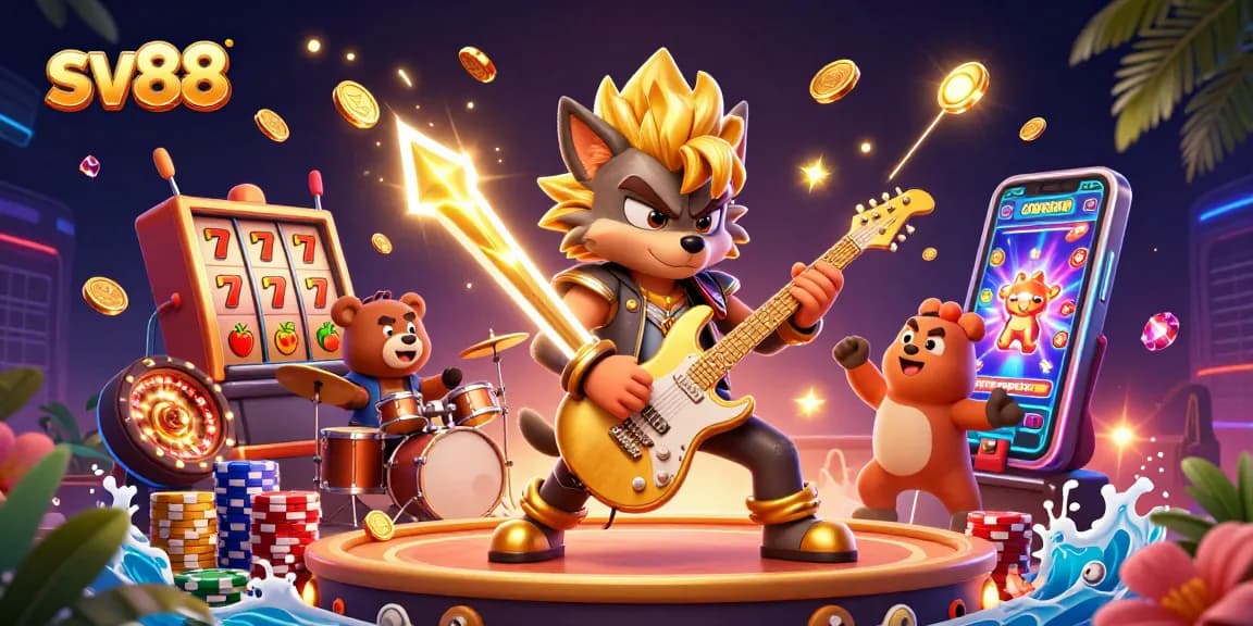 sv88 casino illustration with a rock star wolf and drummer bear in vibrant gaming action