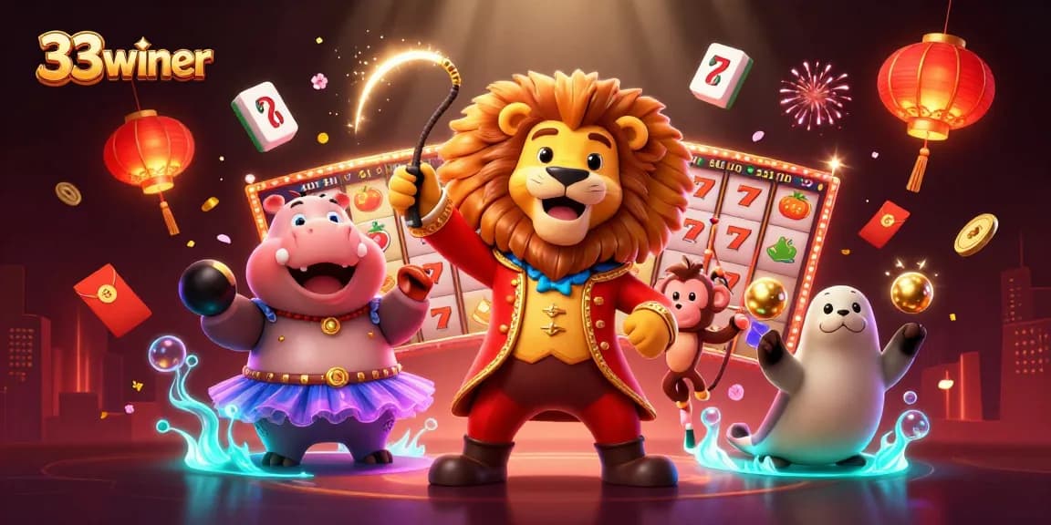 Experience gaming excitement with 33winer's vibrant circus-themed casino illustration featuring dazzling slot reels and characters.