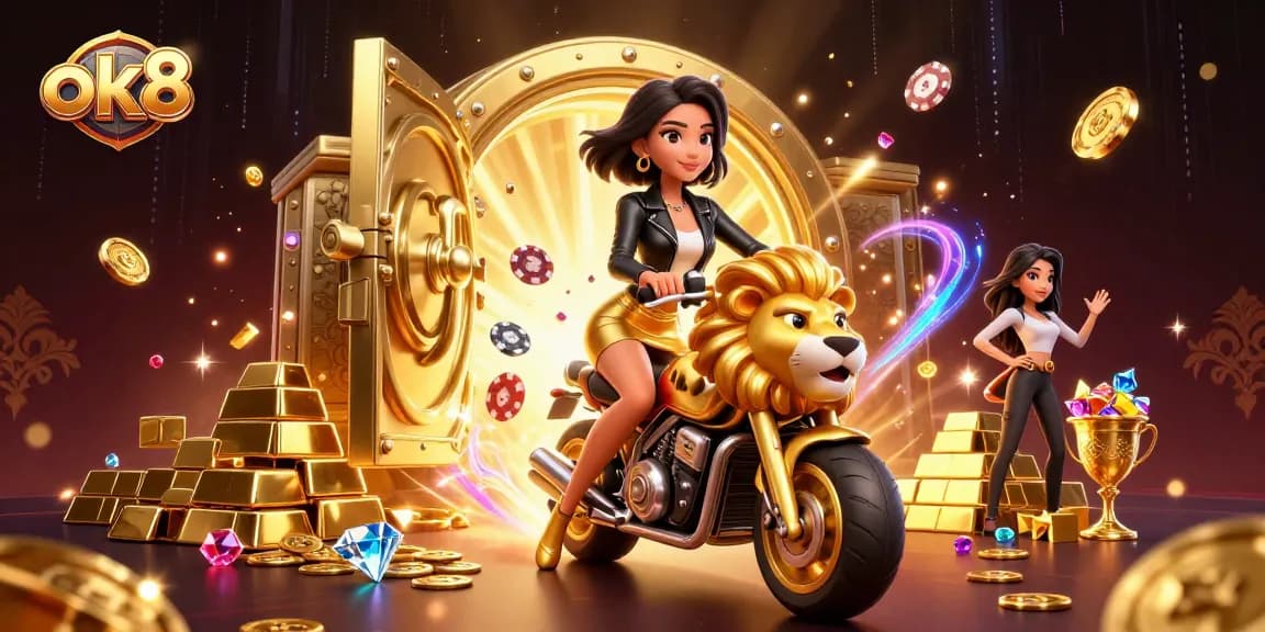 Experience thrilling gameplay at ok8 with an Asian woman riding a golden lion mascot in a dazzling casino scene.