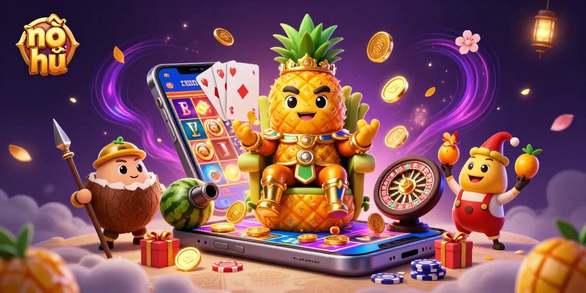 Experience nổ hũ action with the vibrant golden pineapple king in this immersive casino scene.