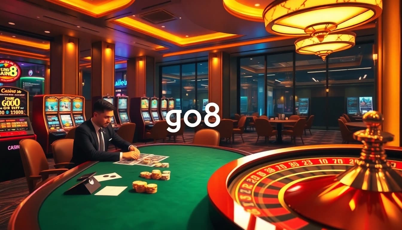 Experience the thrill of betting at go8's luxurious casino, showcasing engaging poker games and vibrant slot machines.