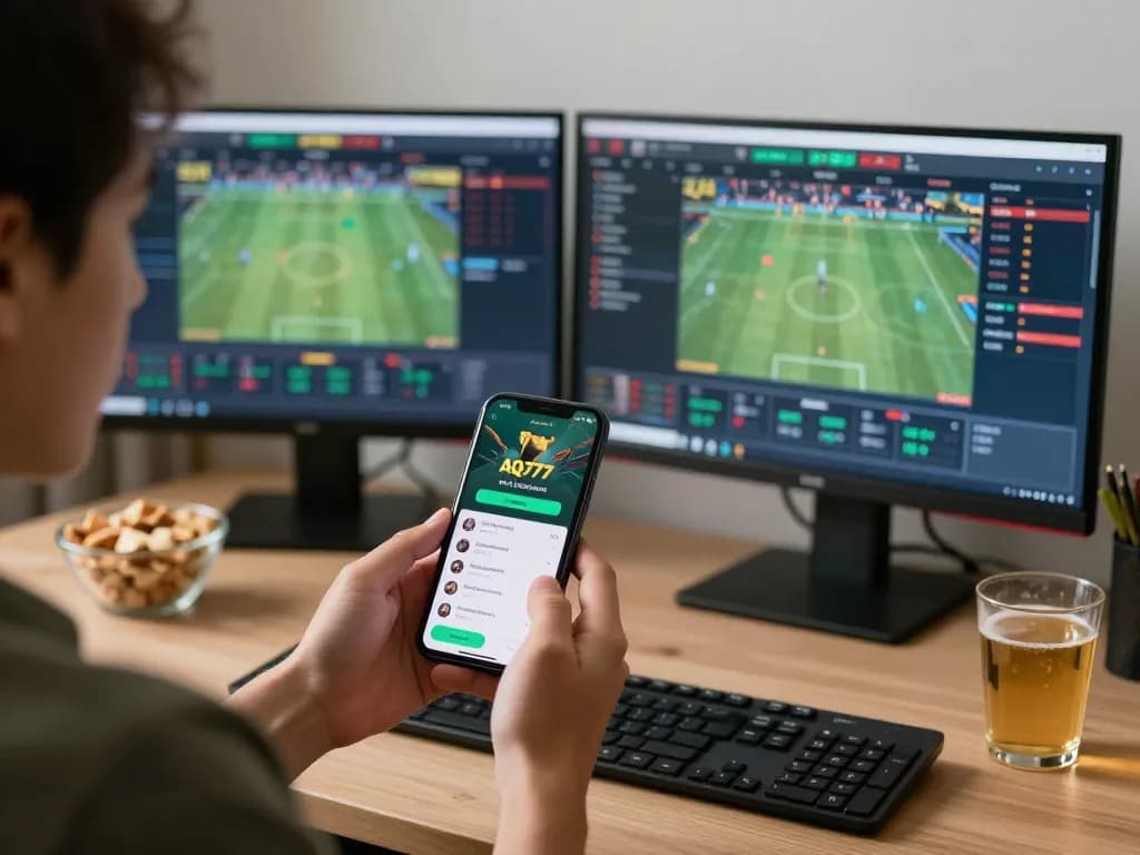 Uma pessoa fazendo apostas no aplicativo AQ777 em seu smartphone durante um emocionante evento esportivo.