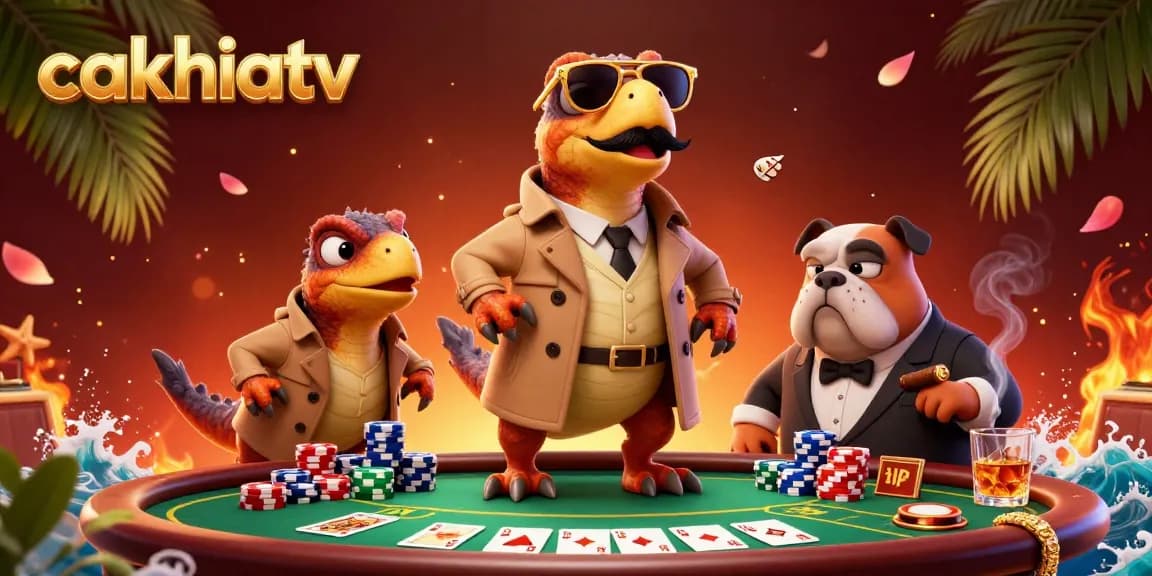Cakhiatv showcases three raptors in a trench coat humorously attempting to enter a VIP casino lounge, surrounded by colorful poker elements.