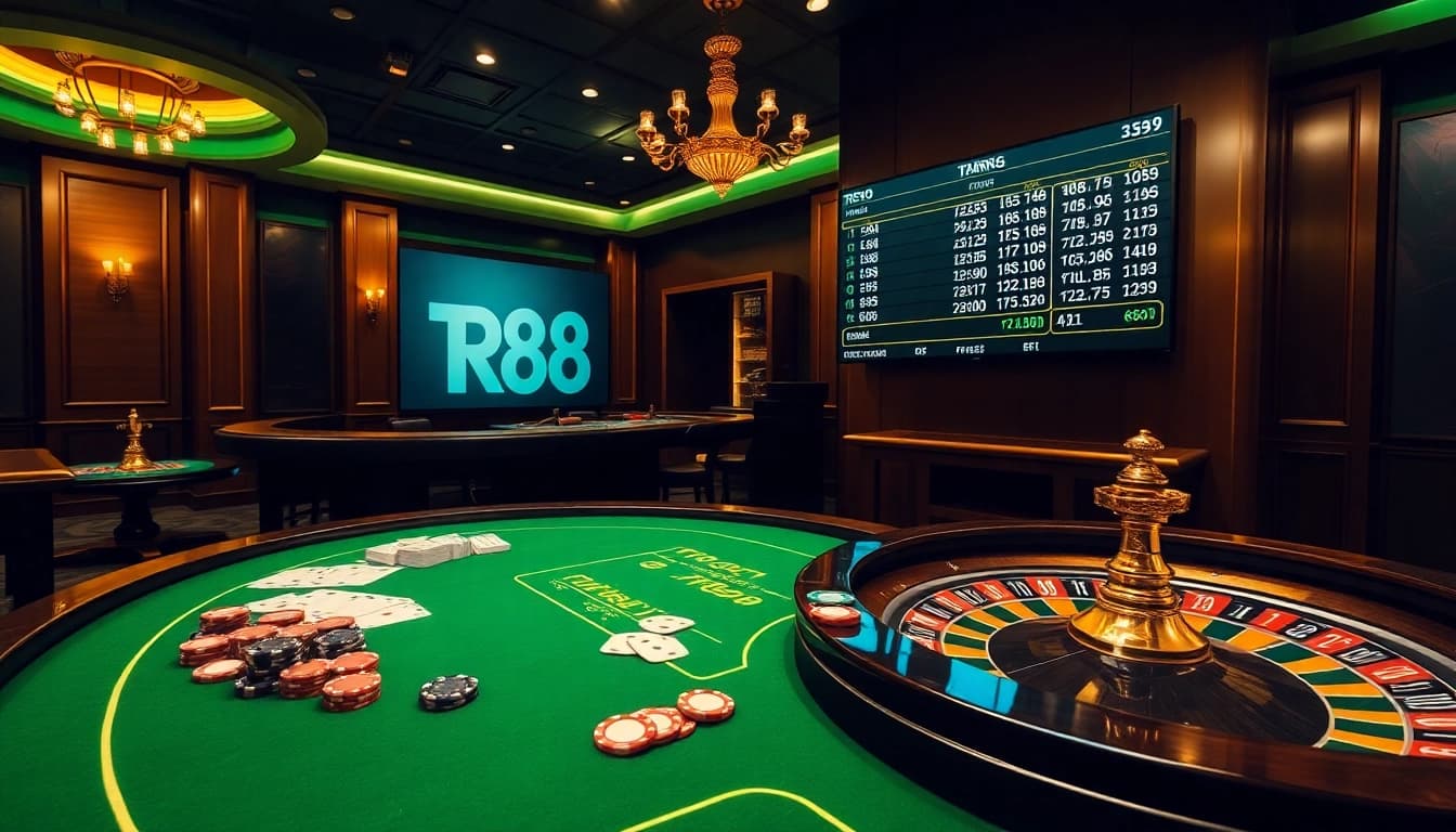 Players engaging with TR88 in a vibrant casino setting filled with poker chips and a roulette wheel.