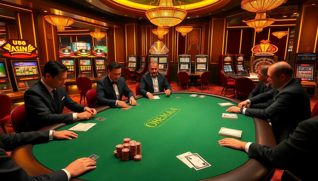 Players enjoy poker at a luxurious uu88 casino table with vibrant chips and cards.