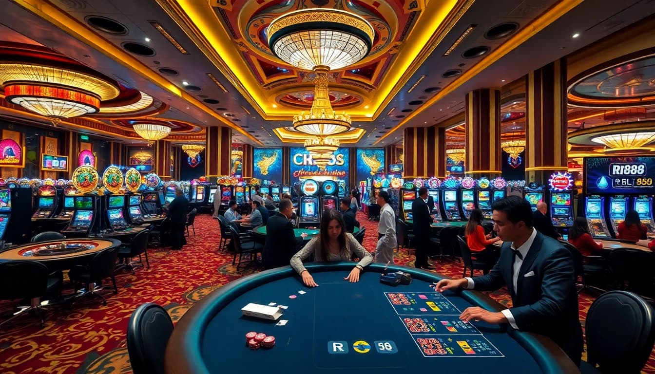 RR88 players placing bets at a luxurious casino poker table in a vibrant atmosphere.