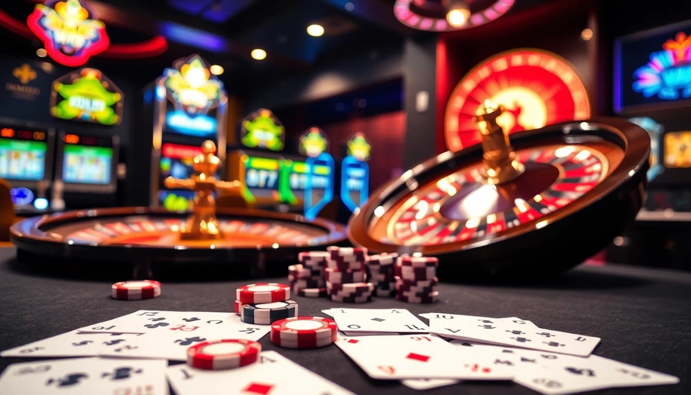 Experience thrilling gameplay at rik vip with luxurious casino elements including poker chips and a roulette wheel.
