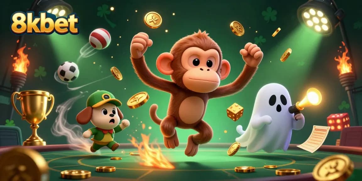 Experience thrilling gambling action with 8xbet's haunted casino featuring golden juggling items and curious characters.
