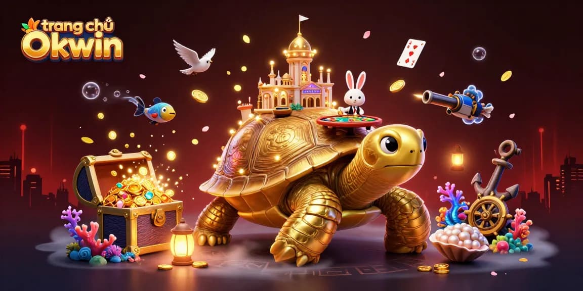 Engage with the vibrant world of trang chủ Okwin, featuring a golden tortoise casino with dynamic characters and elements.