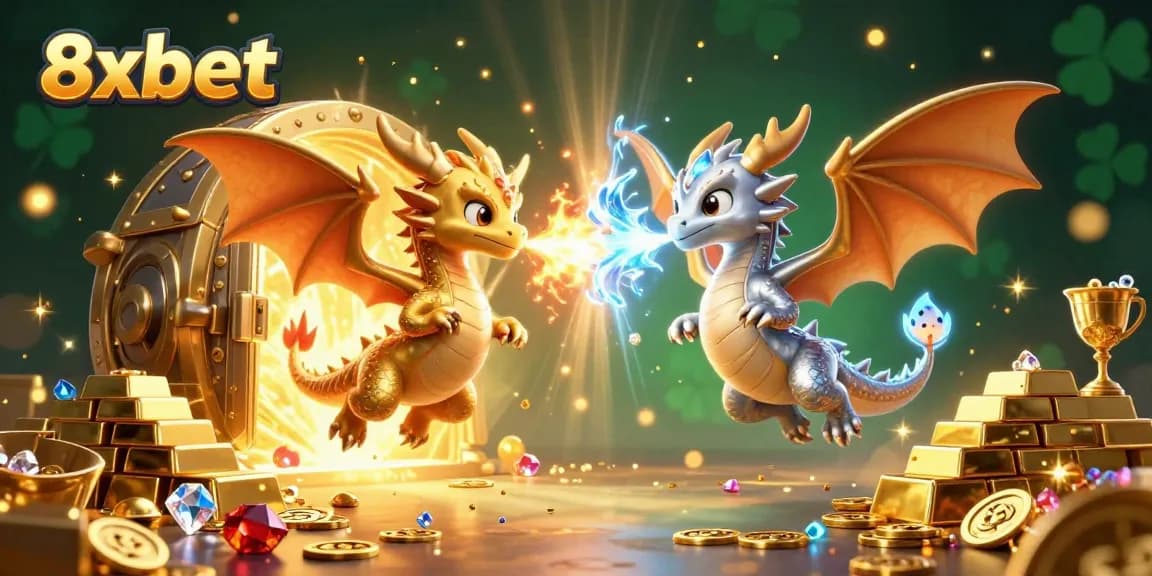Experience win excitement at 8xbet with gold and silver dragons battling in a treasure-filled scene.