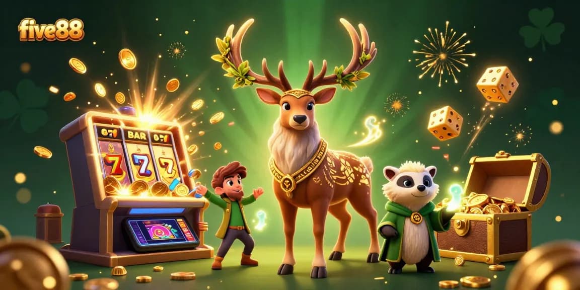 Experience the vibrant world of five88 with an enchanting scene of a Celtic druid stag amidst a casino adventure.