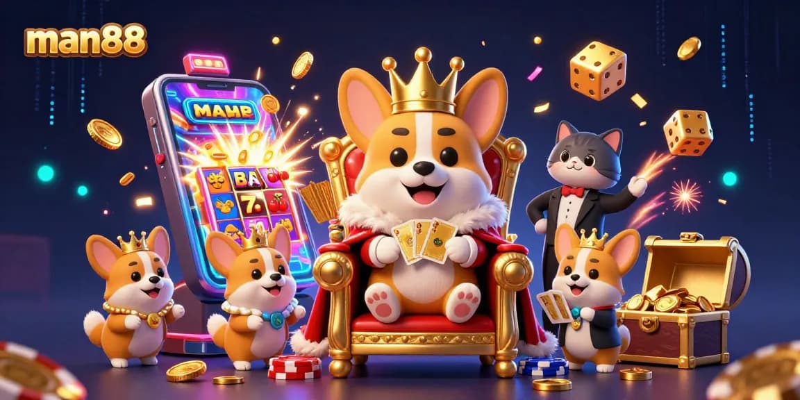 Experience the excitement of man88 with a royal corgi throne, slot machine jackpots, and golden treasures.
