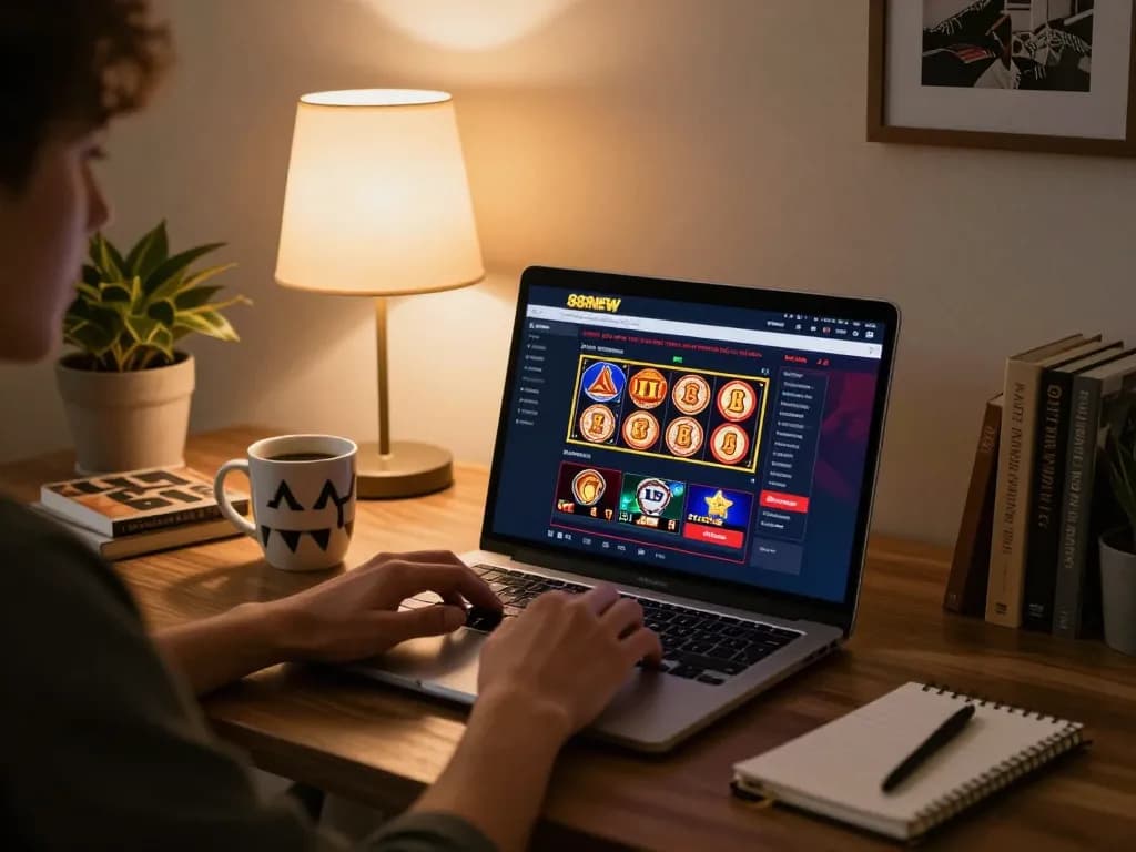 Player engaging with 888NEW's online casino on a laptop at home, showcasing a cozy and strategic gaming setup