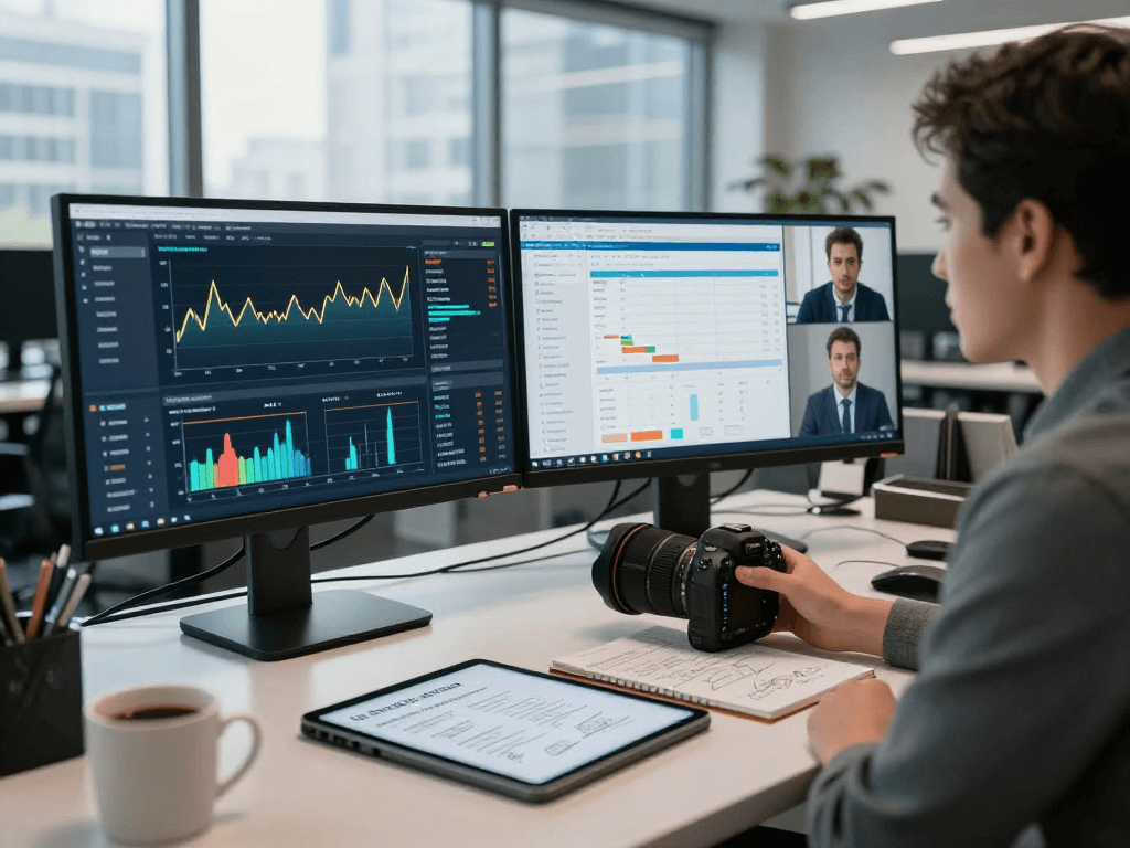 Ambiente de trabalho multicanais com múltiplos monitores exibindo dados e gráficos complexos.