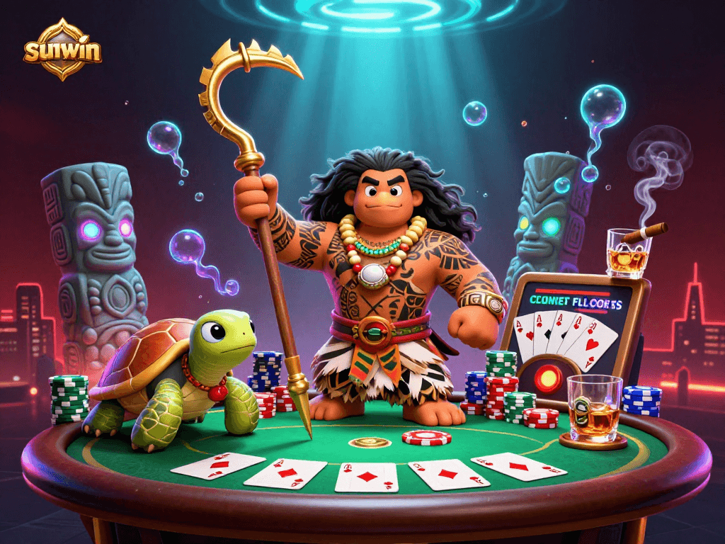 Engage with sunwin's vibrant poker scene featuring cartoon characters and dynamic casino elements.