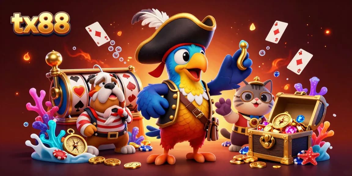 Experience thrilling gameplay with tx88 featuring pirate characters and vibrant casino elements.