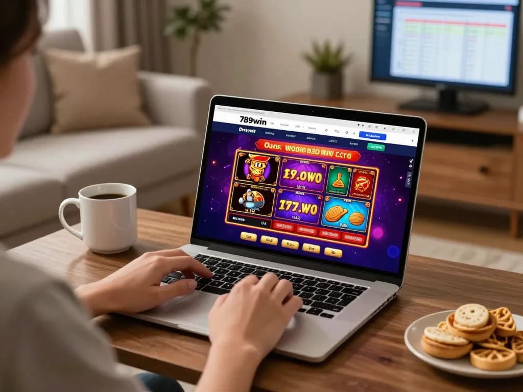 Single player engaging with the 789win đăng nhập portal on laptop in cozy living room