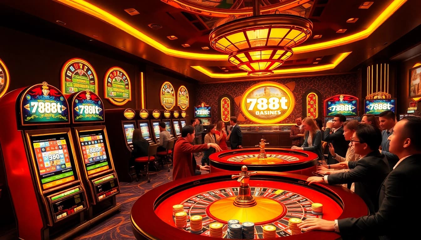 Excited players enjoying games at 788t casino with vibrant slot machines and roulette tables.