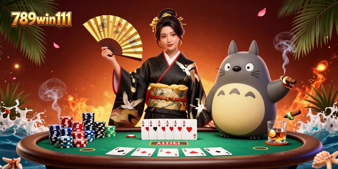 Engage with 789win111 at a vibrant poker scene featuring dynamic characters and rich gaming elements.