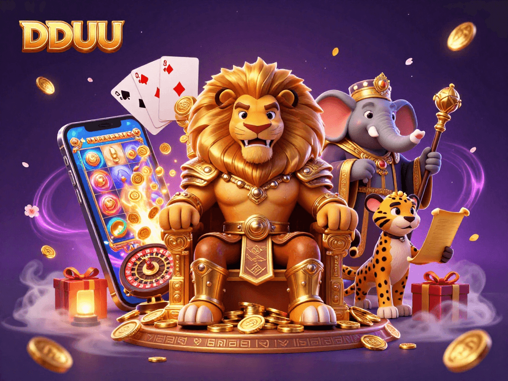 Experience the excitement of DDUU with a dynamic illustration of slot games, royal characters, and vibrant casino elements.