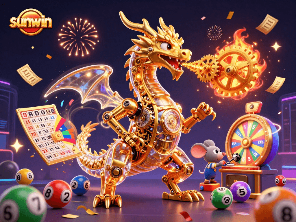 Engage with sunwin in a vibrant casino scene featuring a golden dragon and lottery elements.