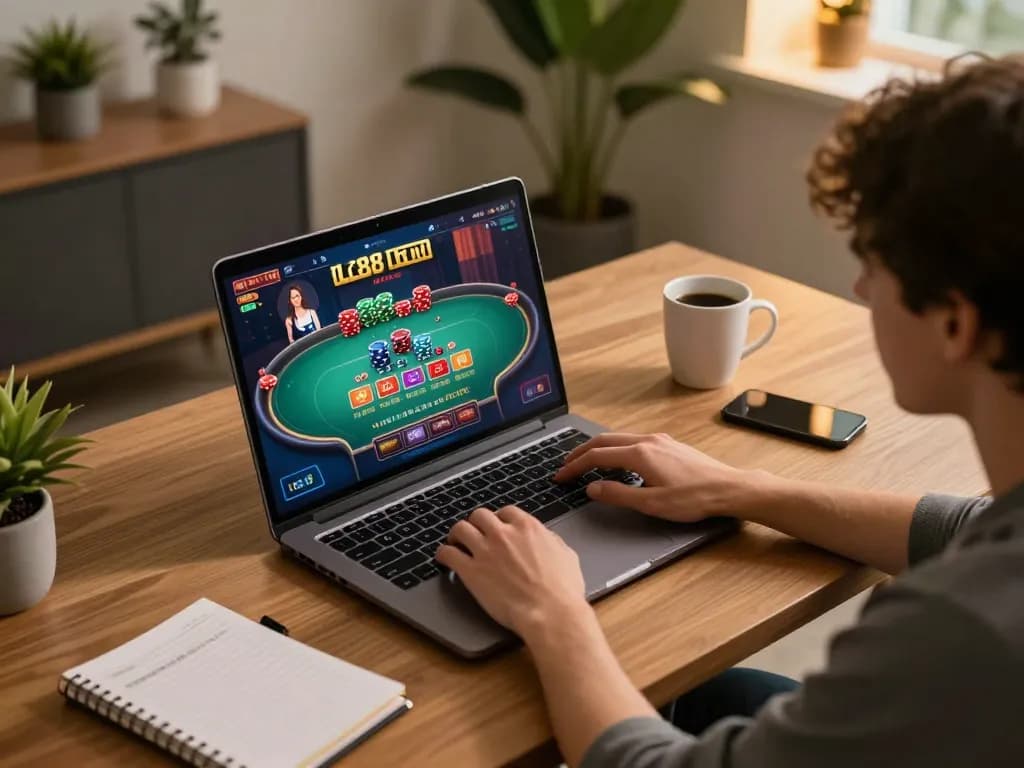 Gambling at lc88 com with a live dealer game displayed on laptop in a cozy home setup.
