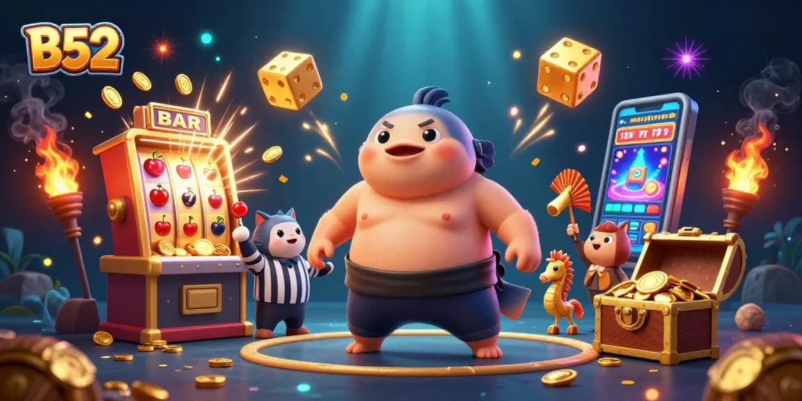 B52 casino scene featuring a cartoon fugu in a sumo belt, slot machines bursting with jackpot coins.