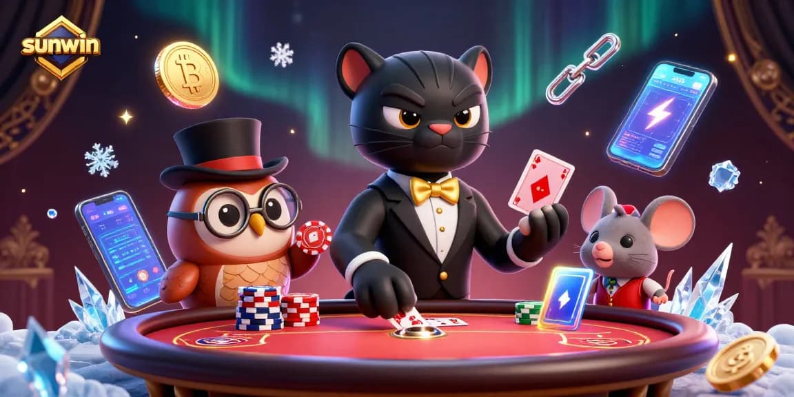 Engage in stylish poker with sunwin featuring a cartoon panther, owl, and mouse amidst digital elements.