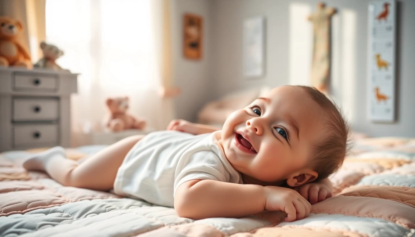Joyful baby in a pastel nursery, perfect scene for Babyfotografie.