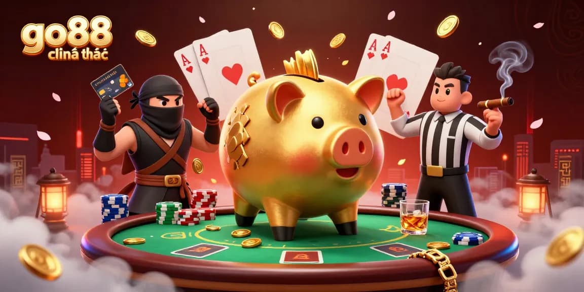 Experience the excitement of go88 chính thức with a dynamic casino scene featuring a golden piggy bank sumo wrestler.