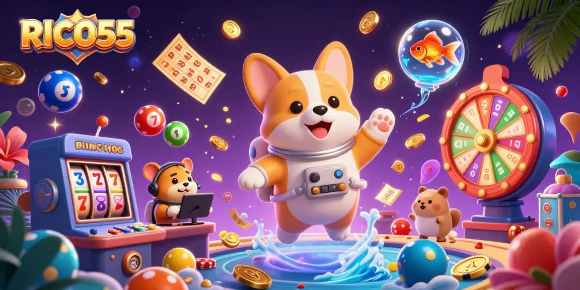 Engaging illustration showcasing RICO55 with a 3D cartoon astronaut corgi in a casino atmosphere.