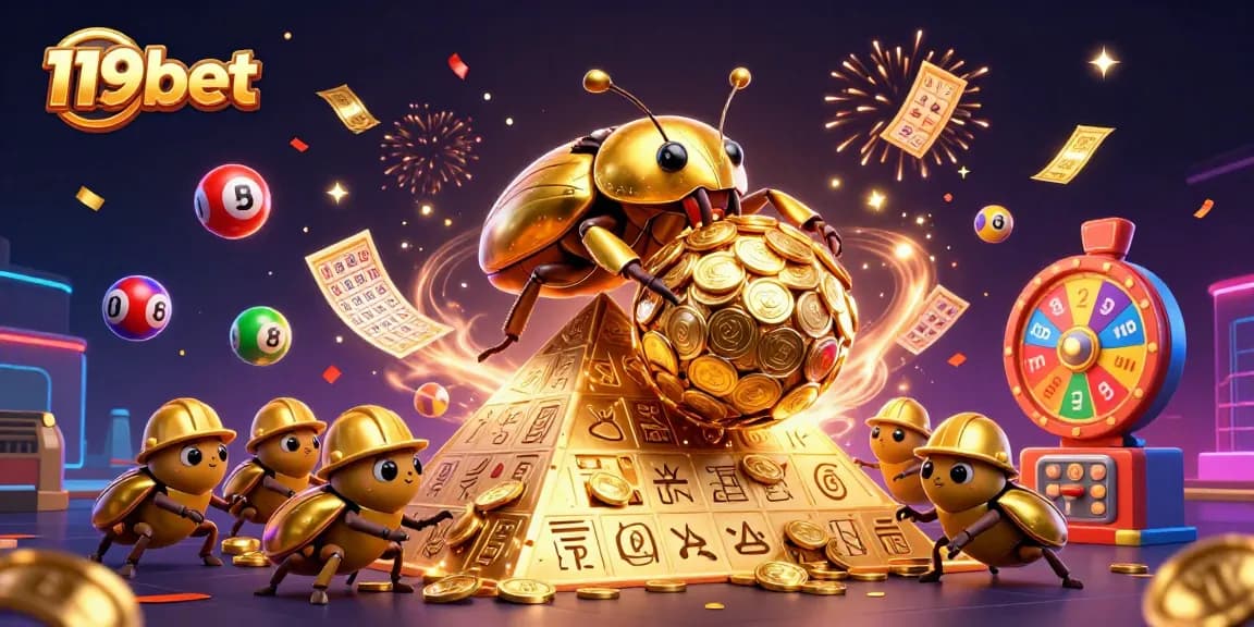 Experience the excitement of 119bet with dynamic lottery elements and vibrant casino symbols in a colorful scene.