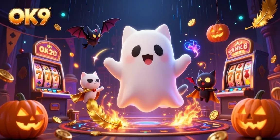 Experience thrilling gaming at OK9 with a ghostly cat and vampire bat in an enchanting casino.