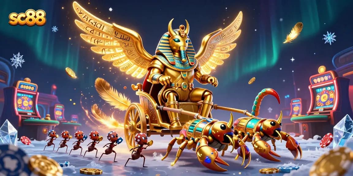 Experience thrilling gameplay at sc88 with a golden scarab beetle and casino elements in an enchanting scene.