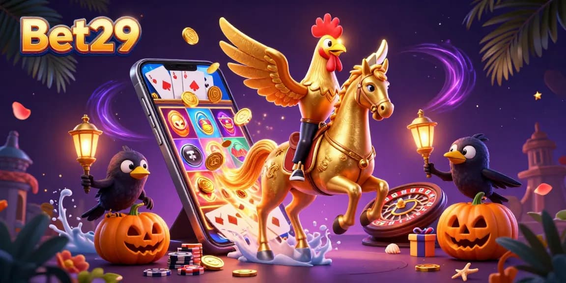 Bet29 gaming experience with a golden rooster in a lively casino scene, featuring vibrant slot games.