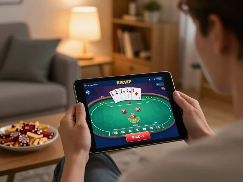 Player enjoying RIKVIP casino app on tablet in a cozy living room setting while snacking.