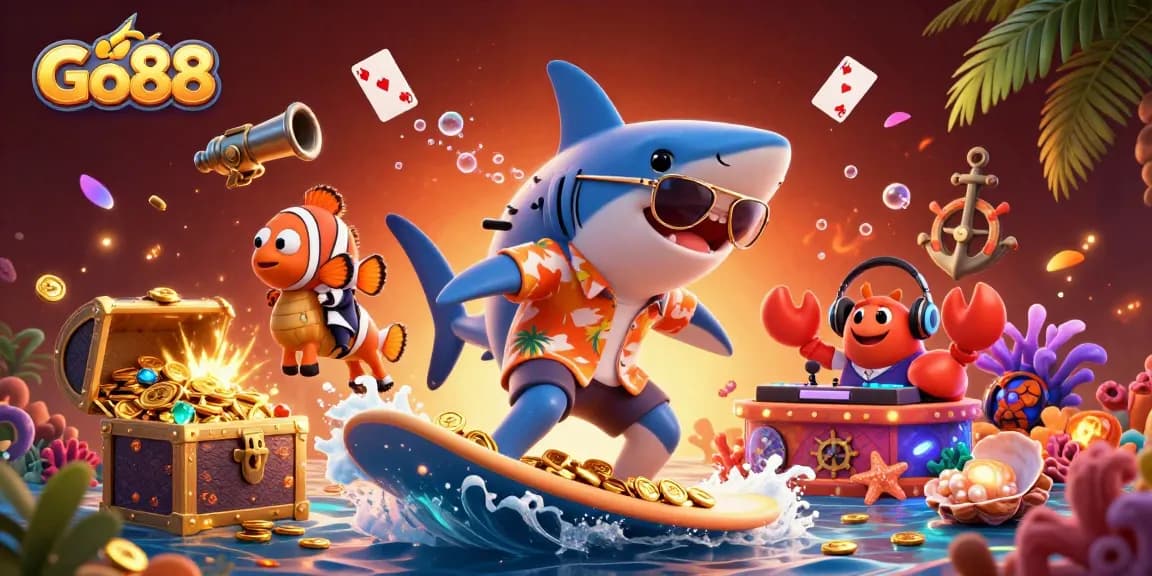 Surf the wave of gold coins with Go88’s cartoon characters in a dynamic 3D casino scene.