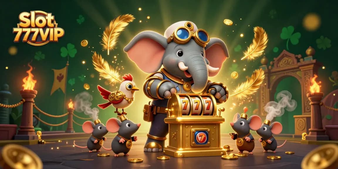Spin the golden slots with Slot 777VIP's dazzling steampunk elephant and vibrant game elements.