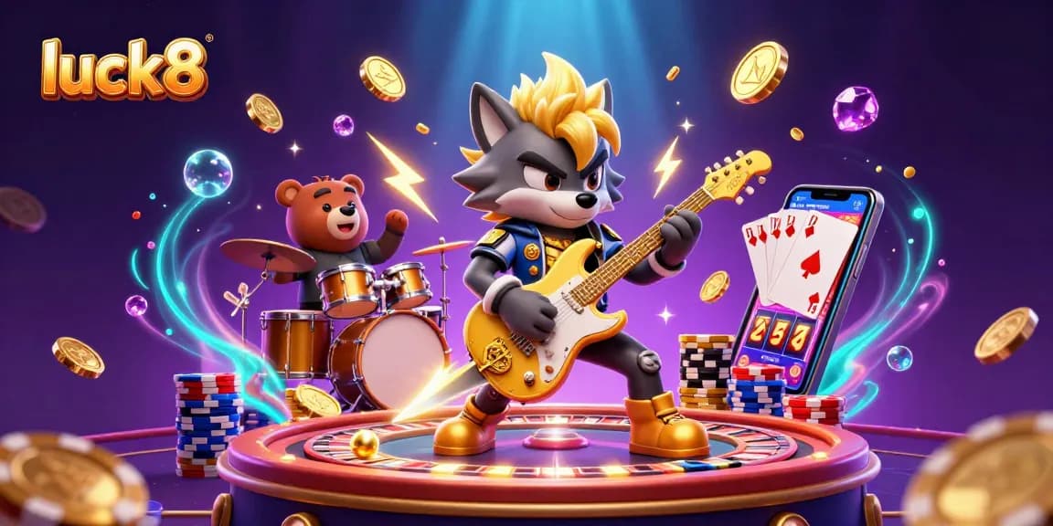 Experience the excitement of luck8 with a vibrant casino scene featuring a rock star wolf and a drummer bear.