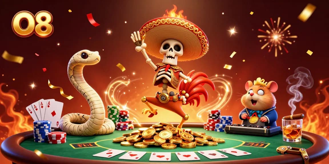 O8 casino scene showcasing a jubilant skeleton rooster and a mummy snake celebrating wins amidst poker chips and cards.