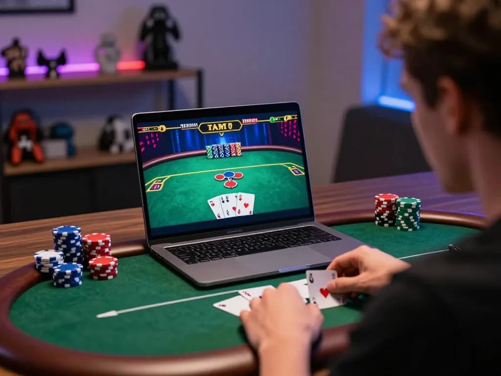 Player engaging in a poker game on laptop, showcasing 33CC as a strategic online gambling moment.