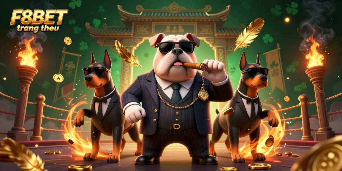 Experience F8BET trang chủ with a lively casino scene featuring a mafia bulldog and dynamic casino elements.
