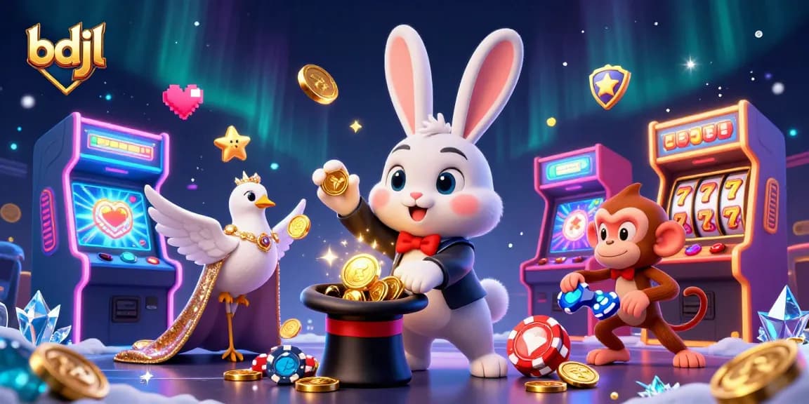 Experience the magic of bdjl with a cartoon rabbit pulling golden coins in a vibrant casino illustration.