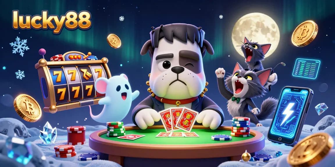 Win big on lucky88 slots with this dynamic illustration featuring cartoon characters and casino elements.