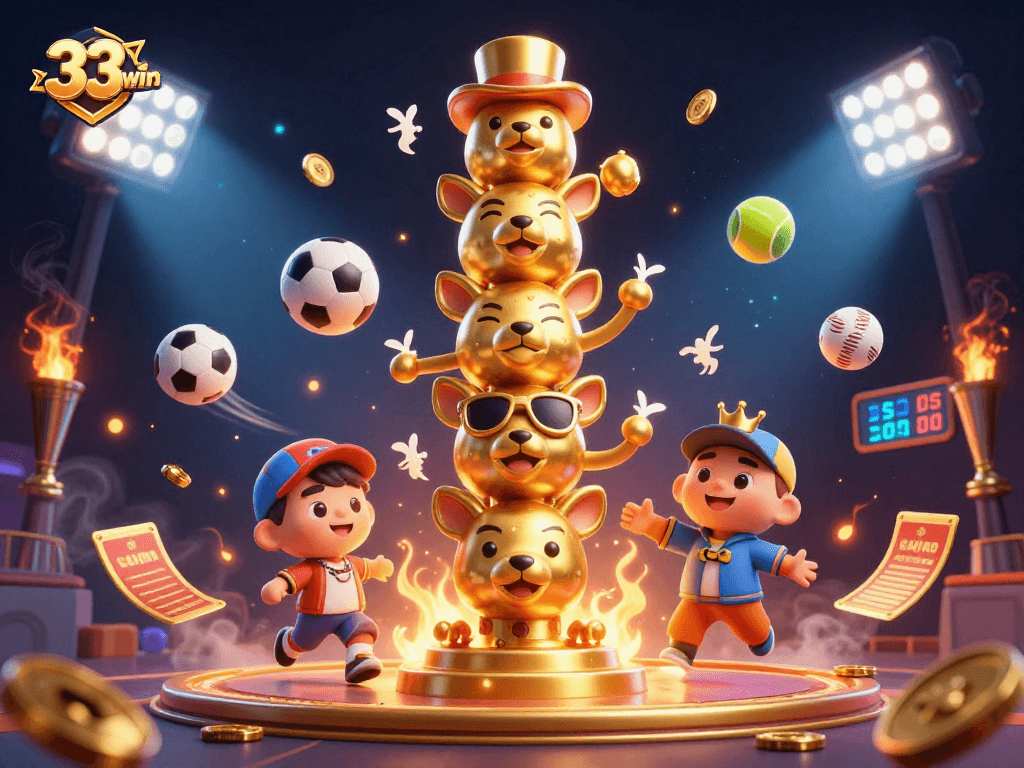 Engage with thrilling 33win sports betting action surrounded by vibrant 3D elements and dynamic visuals.