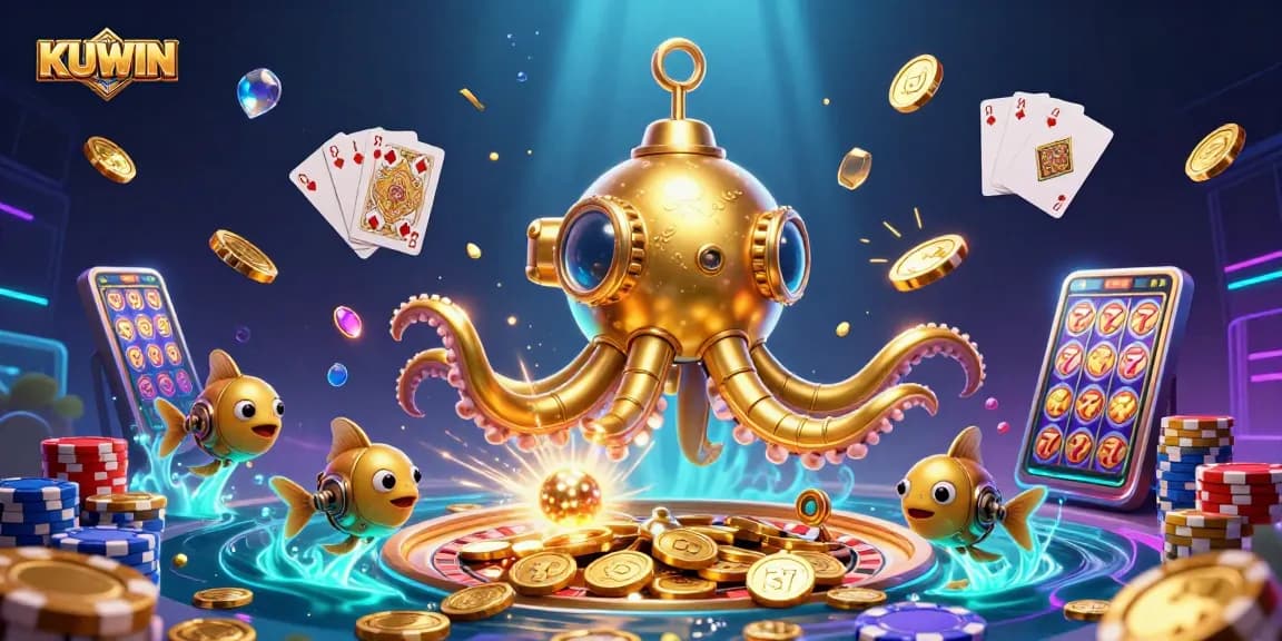 KUWIN showcases a thrilling casino adventure with a golden kraken, shimmering coins, and dynamic gaming elements.