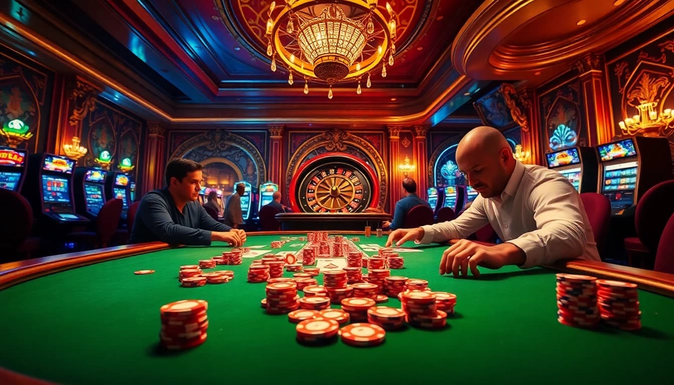 Experience the excitement of go8-inspired casino action with players at a luxurious poker table.